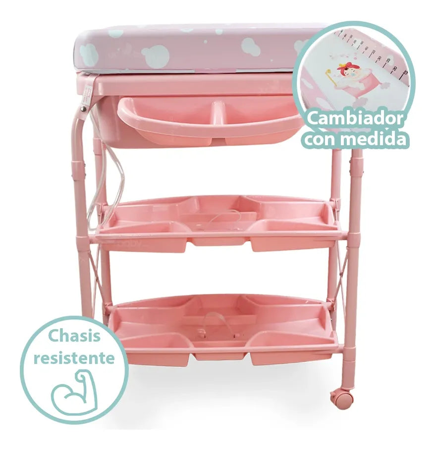 Bañera Alta con Cambiador con Niveles de Guardado Rosa