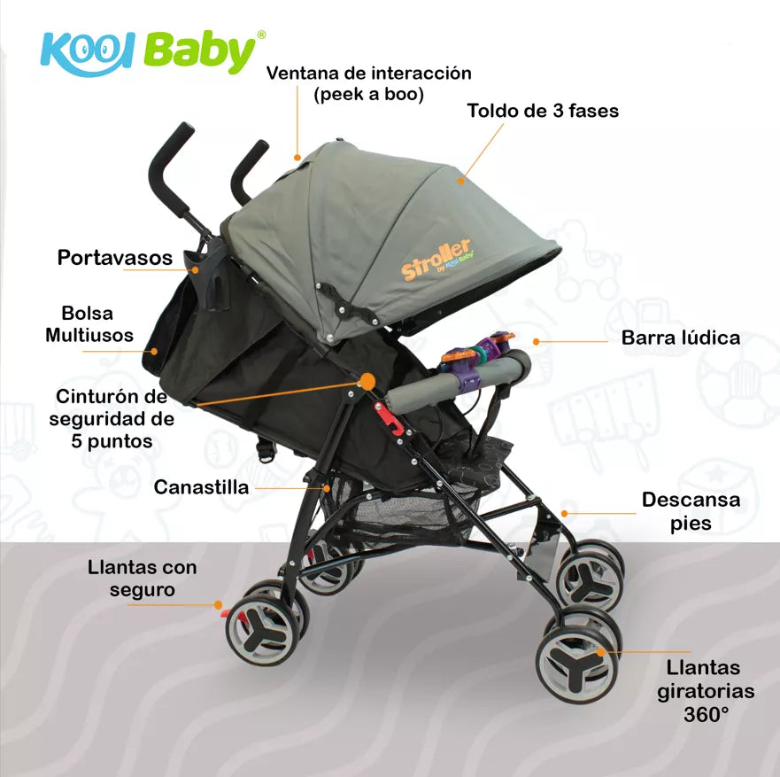 Carriola De Bastón Plegable Para Bebé Kool Baby Car-104 Color Gris