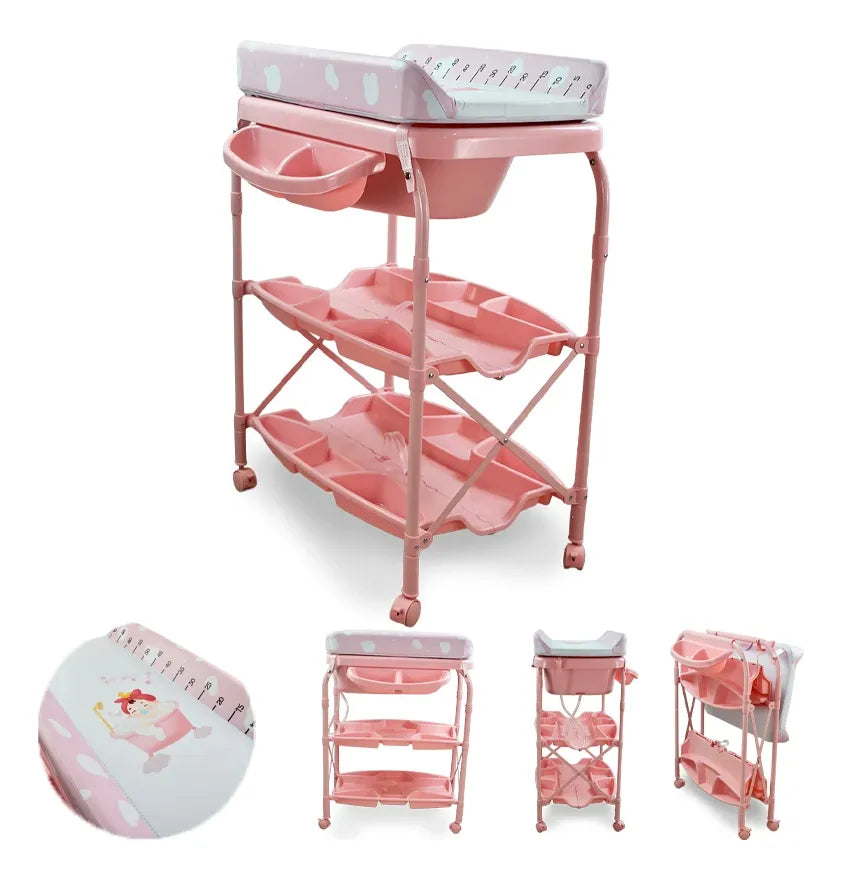 Bañera Alta con Cambiador con Niveles de Guardado Rosa